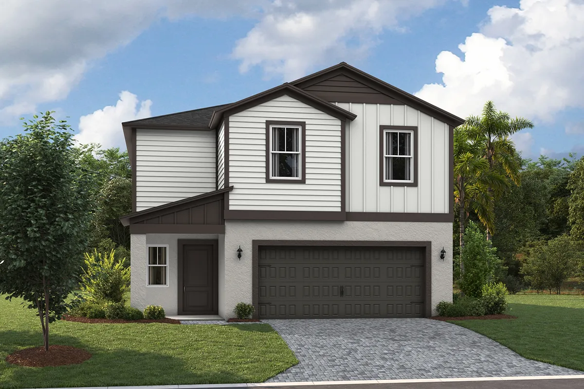 Two-story modern suburban house with white siding and dark trim, double garage, small front porch, and simple landscaping with grass, shrubs, and a tree, set against a partly cloudy sky.