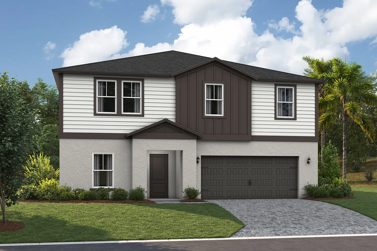Two-story modern suburban house with white and brown siding, double garage, single front door, manicured lawn, small shrubs, palm tree on the right, and a paved driveway under a partly cloudy sky.