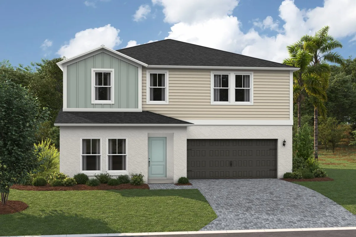 Two-story modern suburban house with beige and light blue siding, a dark gray shingle roof, double garage, light blue front door, green lawn, and landscaped bushes, set against a partly cloudy sky.