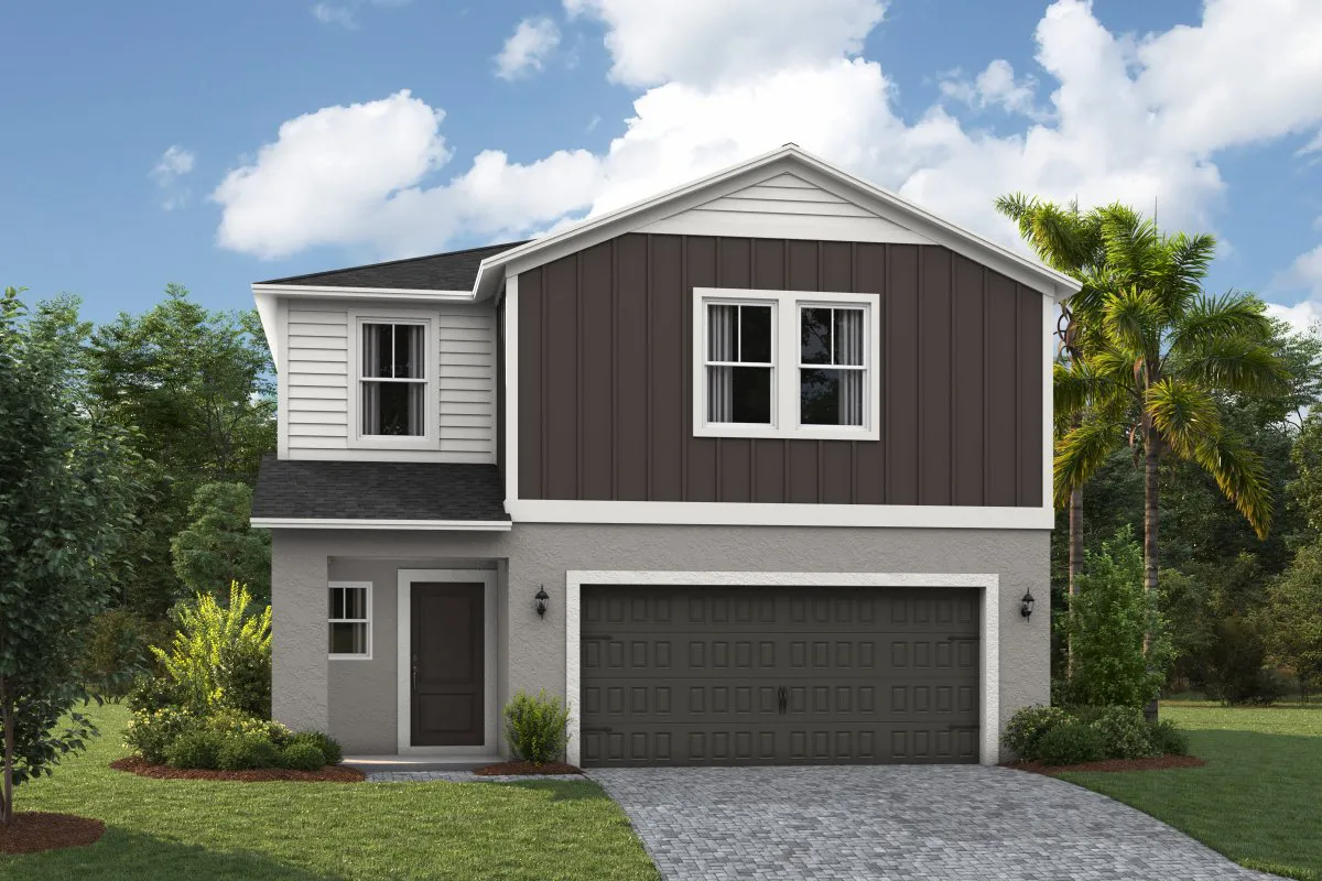 A modern two-story house with a gray exterior, dark brown paneling on the upper level, white trim, double garage, black front door, and landscaping with small bushes and palm trees under a partly cloudy sky.