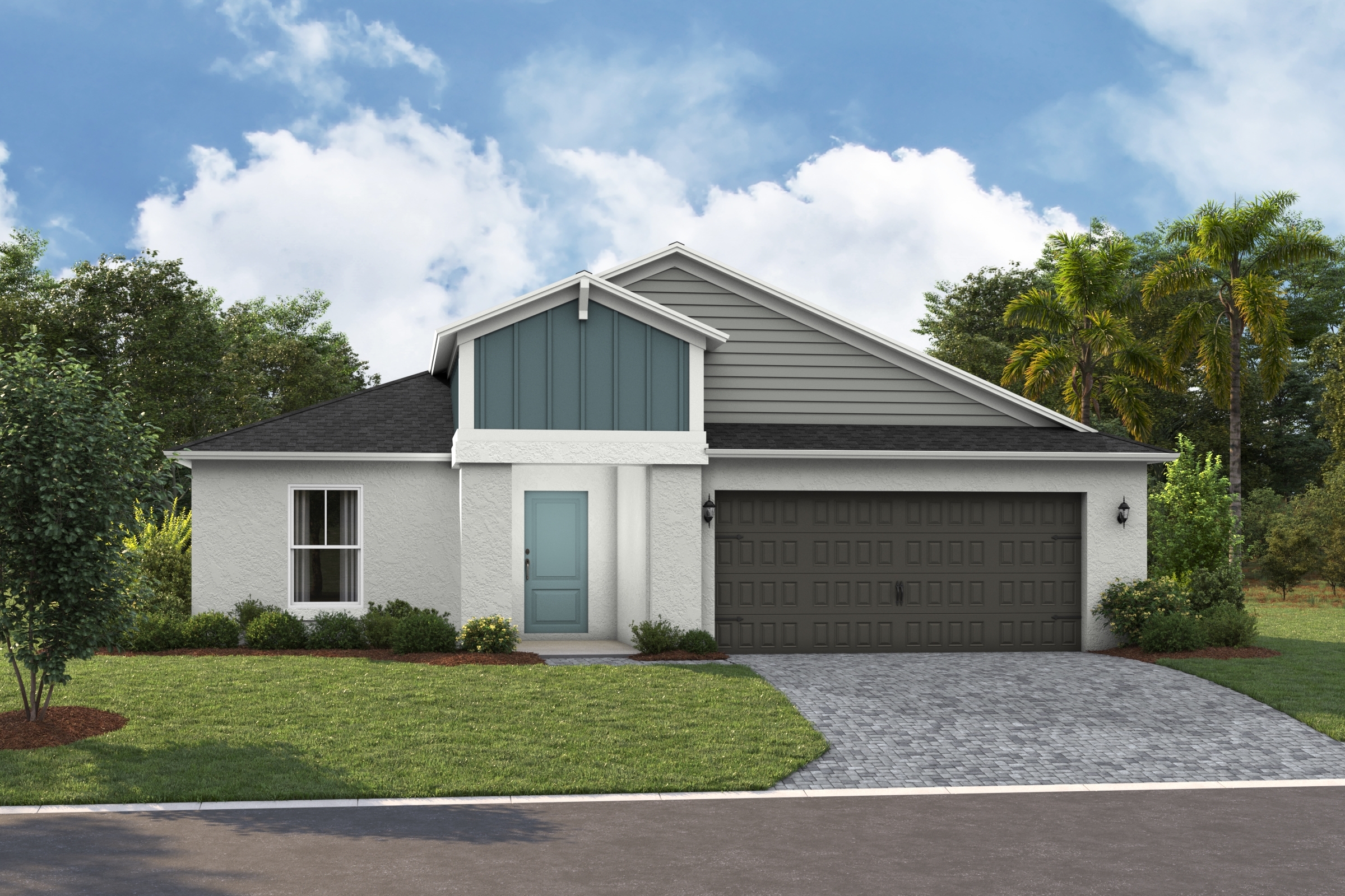 Single-story house with light gray siding, blue accents above the entryway, a light blue front door, and a dark double garage door. The home is surrounded by green grass, shrubs, and trees under a partly cloudy sky.