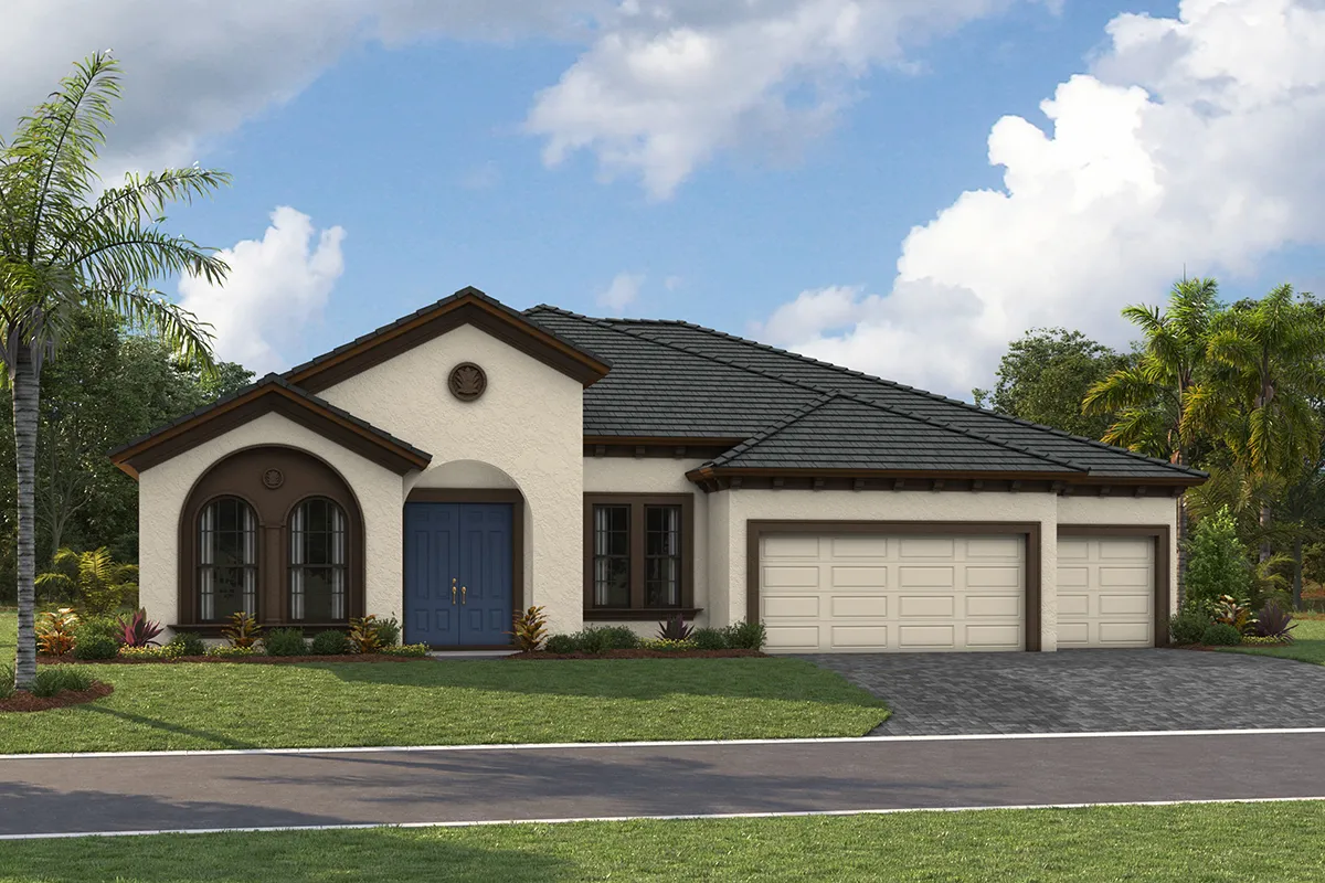 Exterior view of a one-story home with a three-car garage.