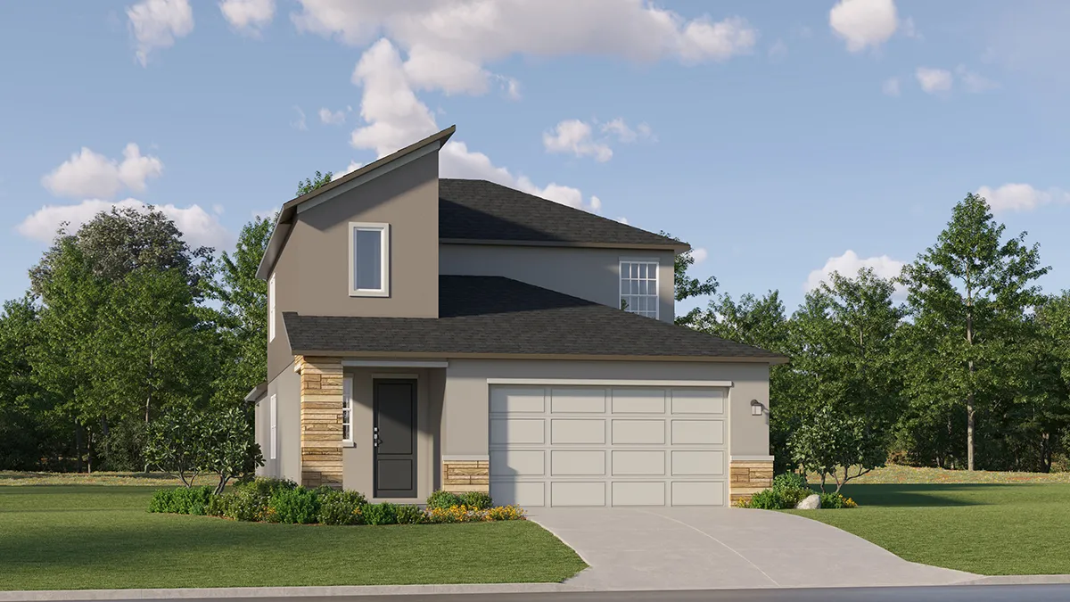 A modern two-story house with gray walls, light stone accents, a double garage, and a sloped roof, surrounded by a green lawn and trees under a blue sky with scattered clouds.