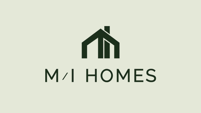 Dark green logo of M/I Homes with a stylized house roof above the brand name, set against a light background.