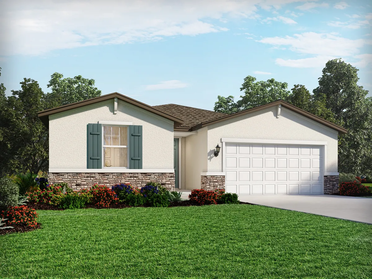 Exterior view of a one-story home by Meritage Homes.