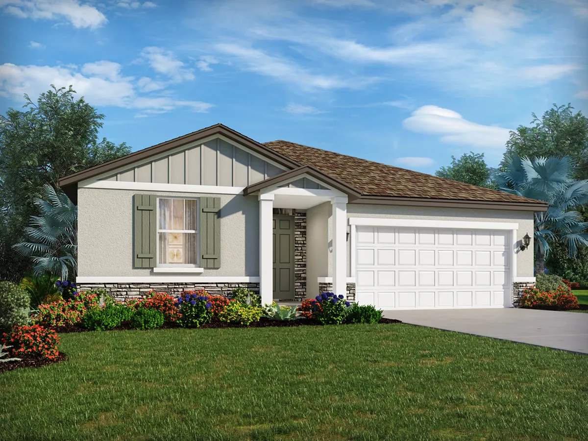 Exterior view of a one-story home by Meritage Homes.