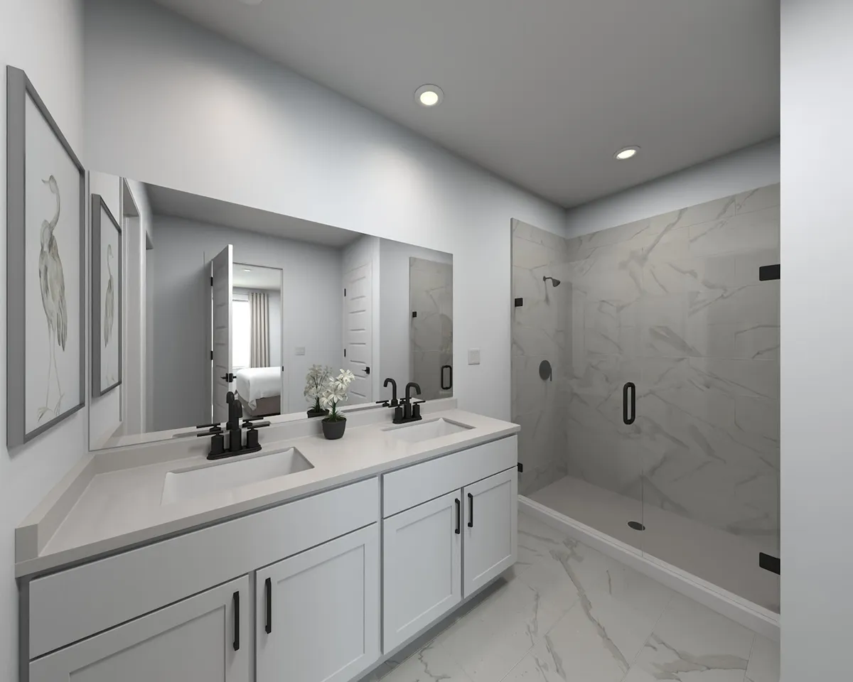 Modern bathroom with double vanity, white cabinets, black fixtures, large mirror, potted plant, two bird wall art pieces, and a spacious glass-enclosed shower with marble-style tiles.