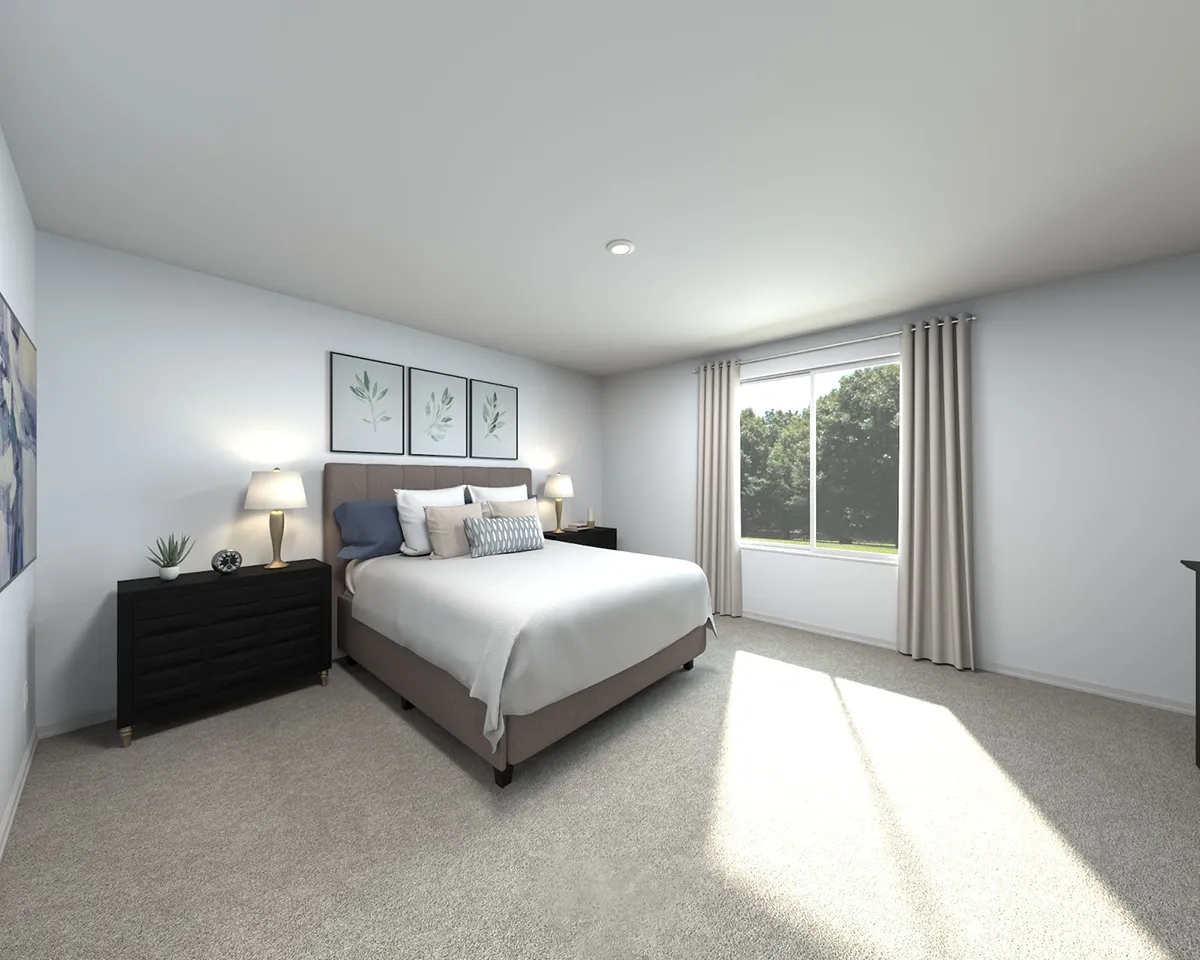 A bright, minimalist bedroom with a large bed, two black nightstands with lamps, framed botanical art above the headboard, and a window with beige curtains letting in natural light.