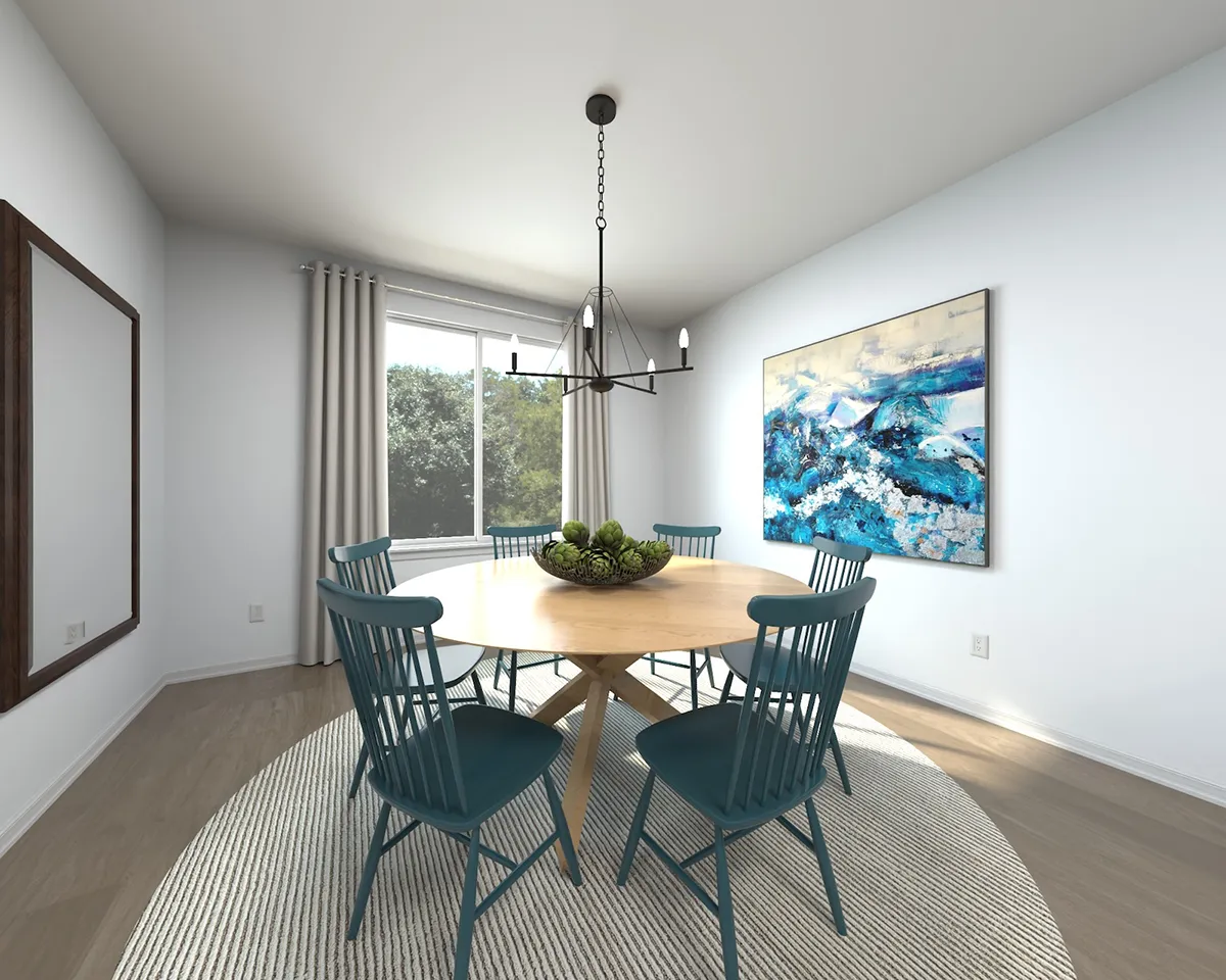 A modern dining room with a round wooden table, six blue chairs, a circular rug, a large window with curtains, a contemporary chandelier, and abstract blue artwork on the wall.