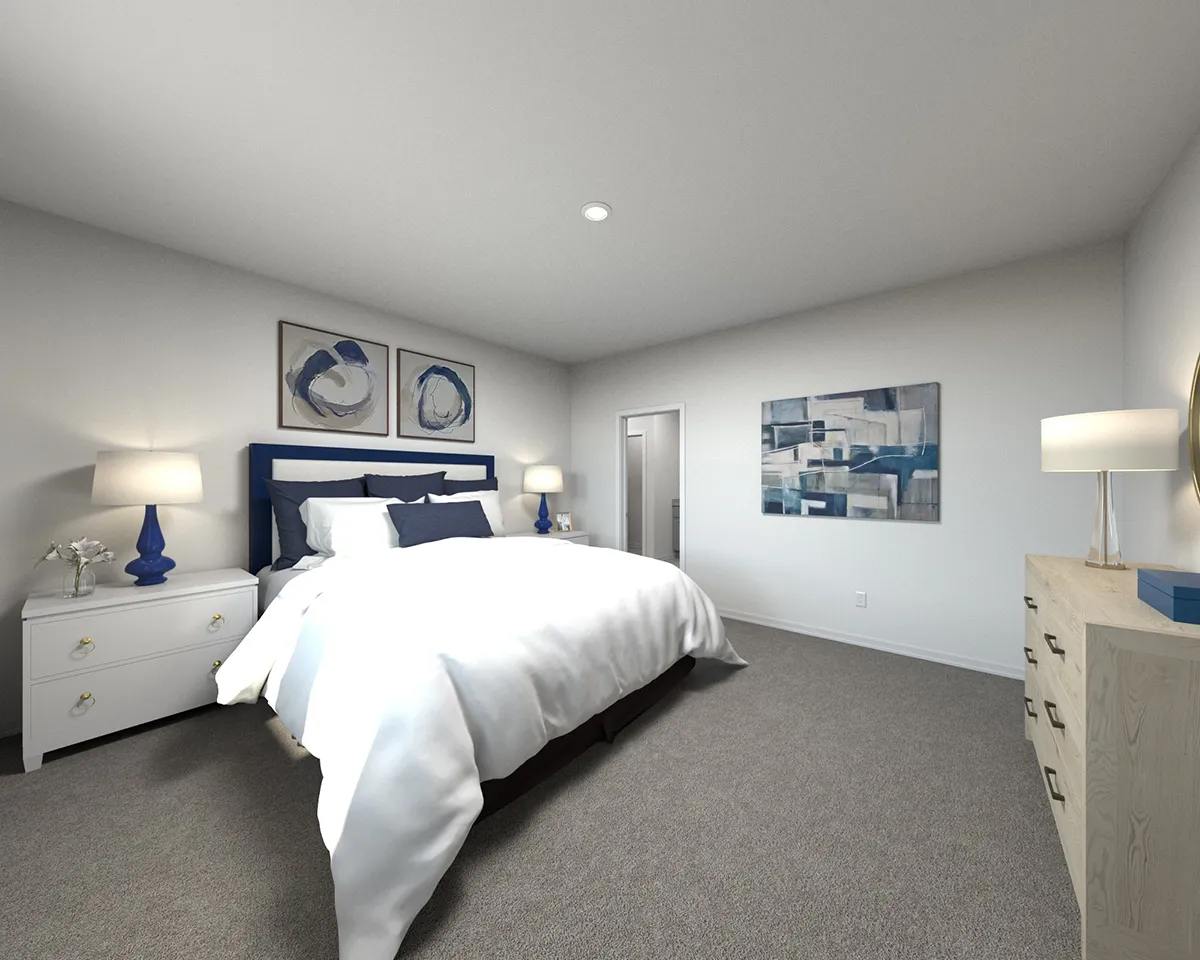 A modern bedroom with a large bed, white bedding, bedside tables with lamps, abstract wall art, a dresser, and neutral walls and carpet creating a calm, minimalist atmosphere.