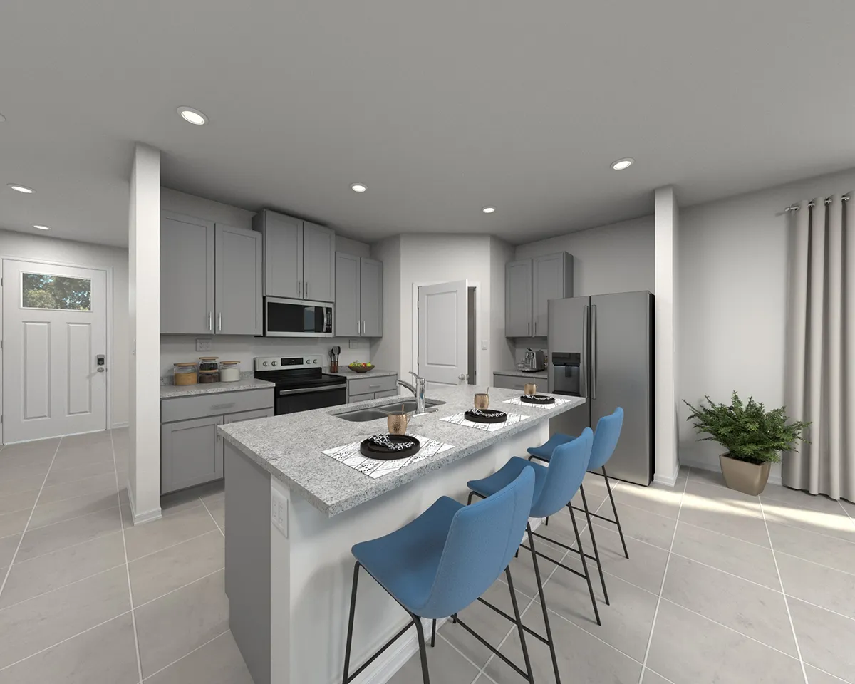 Modern kitchen with gray cabinets, stainless steel appliances, a large island with a white countertop, three blue barstools, and place settings; a potted plant sits by the window with light curtains.