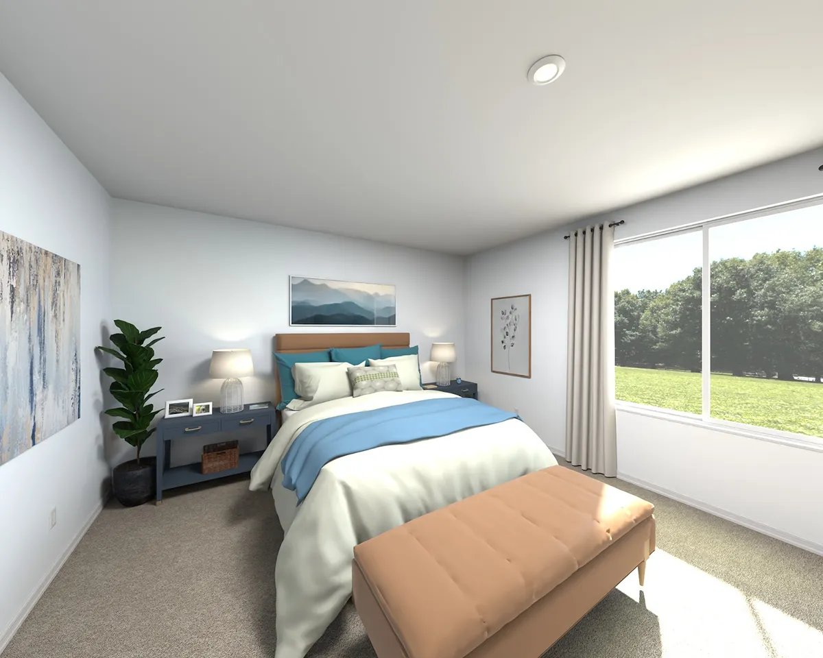 A bright, modern bedroom with a large window, light walls, a double bed with blue and white bedding, two blue nightstands, a tan bench at the foot of the bed, and decorative art on the walls.