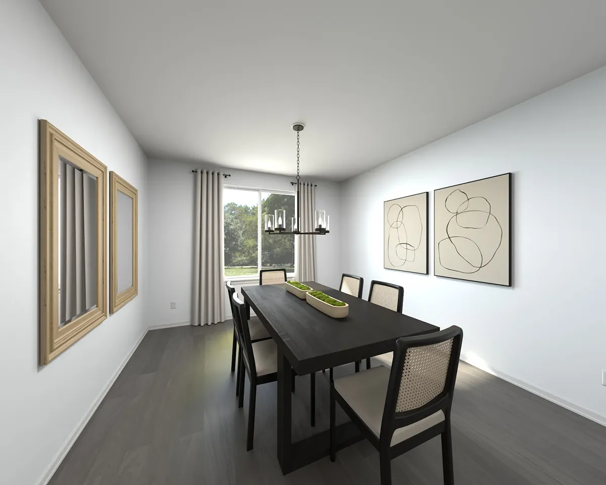 Modern dining room with a dark rectangular table, six chairs, large window with curtains, minimalist chandelier, abstract wall art, and framed mirrors on a white wall.