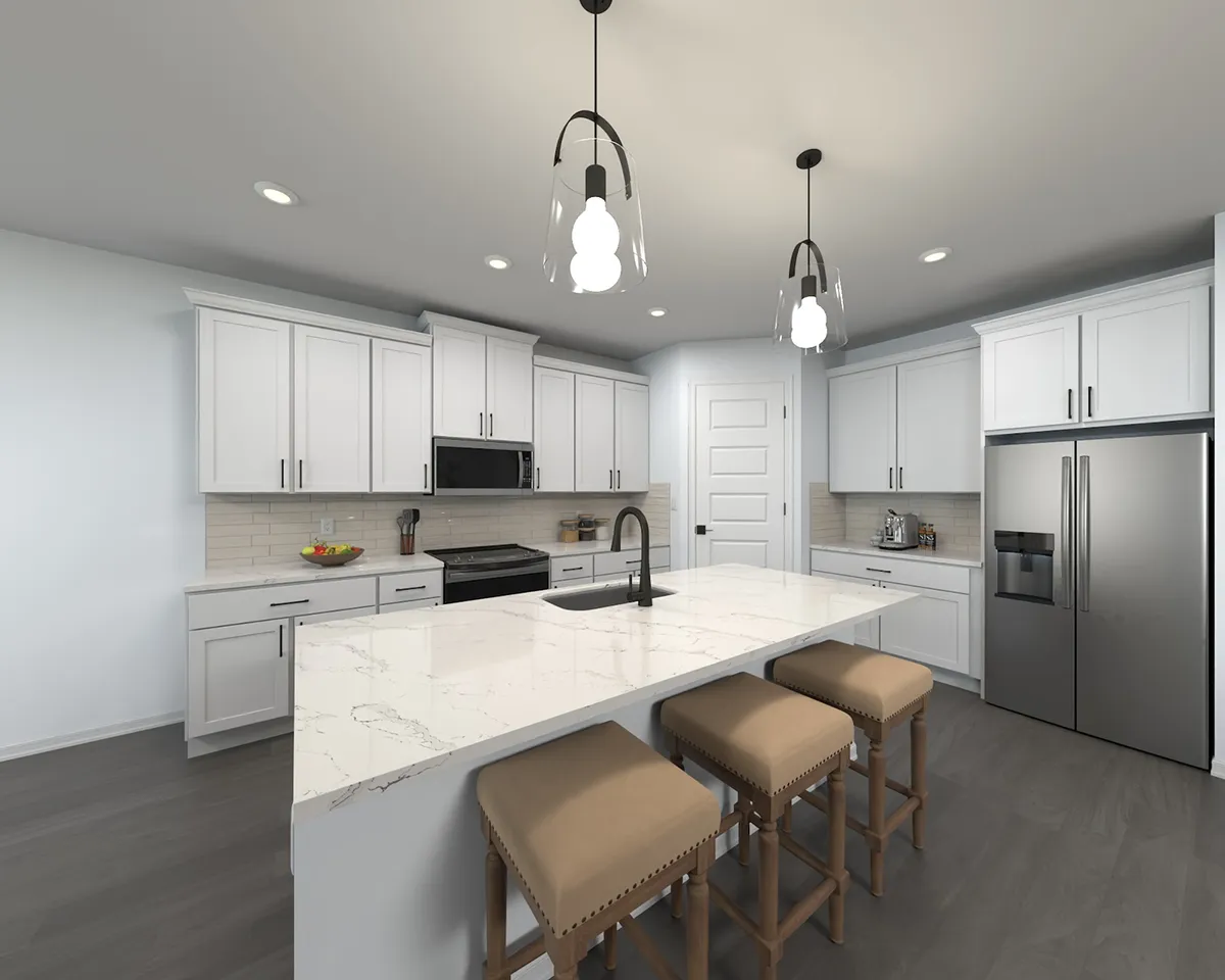 Modern kitchen with white cabinets, stainless steel appliances, a marble island with a black faucet, and three cushioned stools. Pendant lights hang above the island, and a bowl of fruit sits on the counter.
