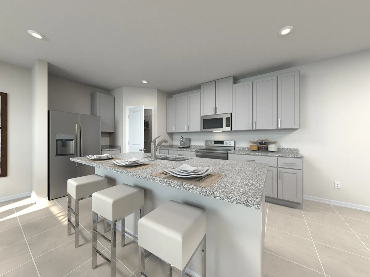 Modern kitchen with light gray cabinets, stainless steel appliances, a large granite island with four white cushioned stools, and place settings on the counter. The room has neutral tile flooring and recessed lighting.