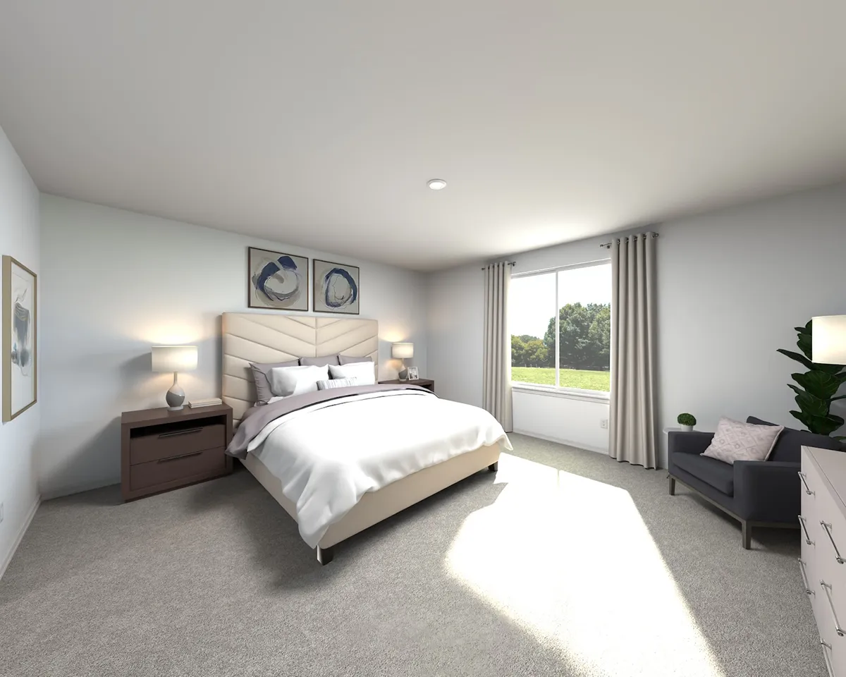 A bright, modern bedroom with a large bed, two nightstands with lamps, an armchair by the window, light carpeting, neutral walls, and framed art above the bed. Sunlight streams in through a wide window.