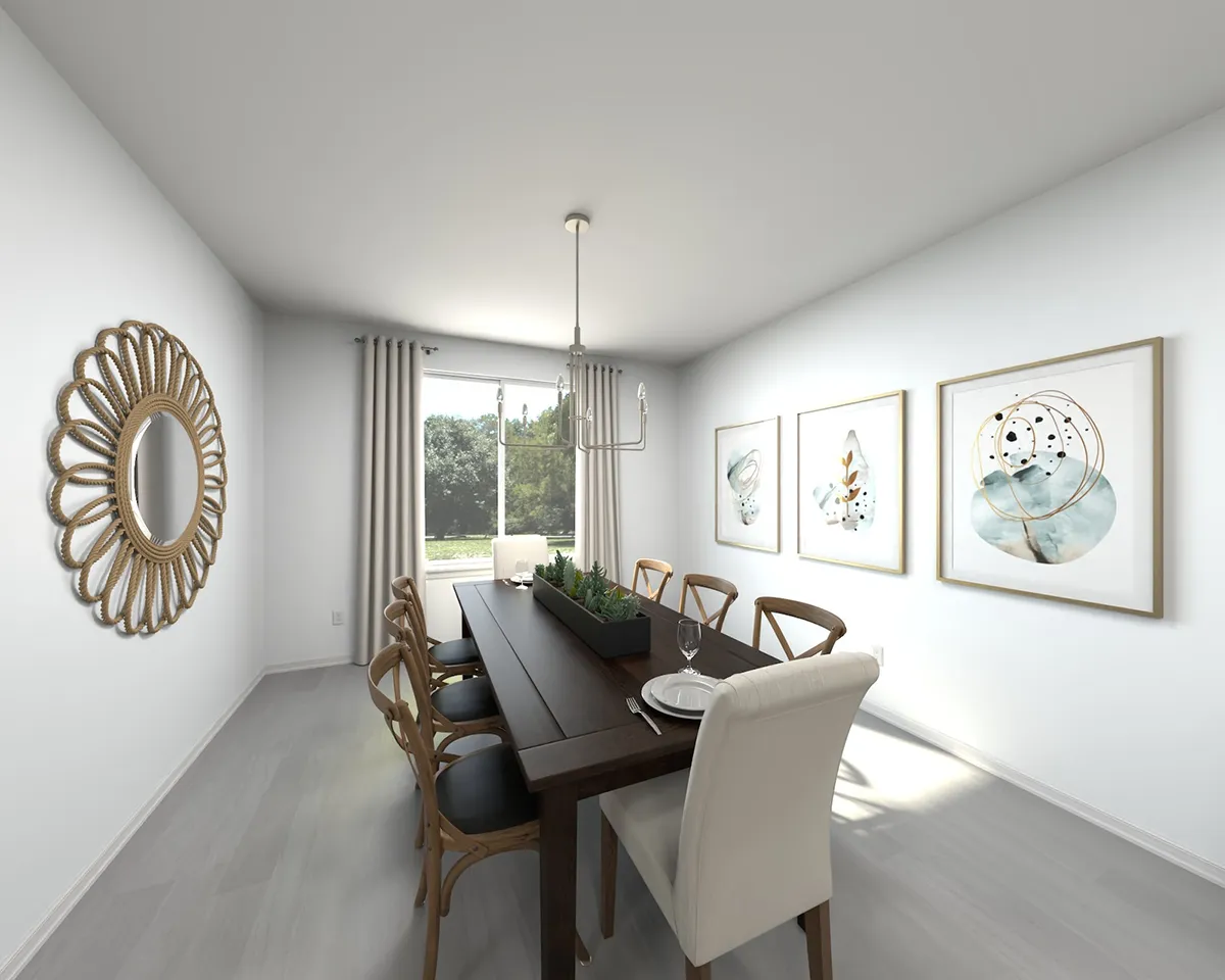 A modern dining room with a dark wooden table, six chairs, a circular decorative mirror on one wall, three abstract art pieces on the other, light gray floors, and a large window with curtains letting in natural light.