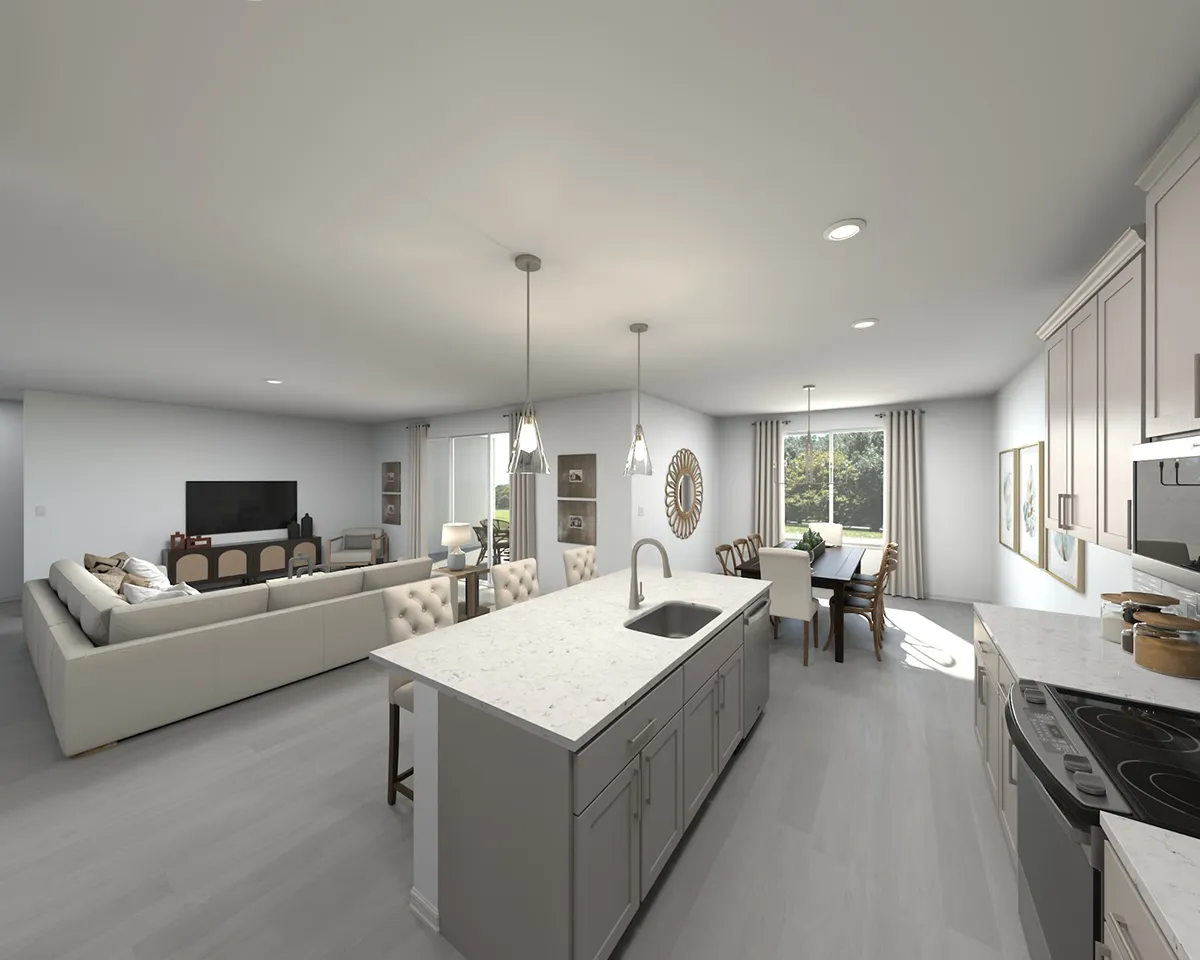 Open-concept kitchen with a large island, modern appliances, and dining area. The space opens to a living room with a sectional sofa, TV, and neutral décor; sunlight streams in through large windows.