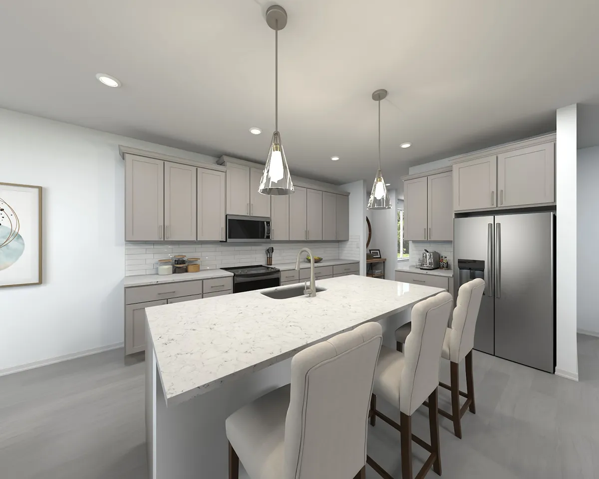 Modern kitchen with light gray cabinets, stainless steel appliances, a marble island with sink, and three upholstered chairs. Pendant lights hang above the island and natural light brightens the space.