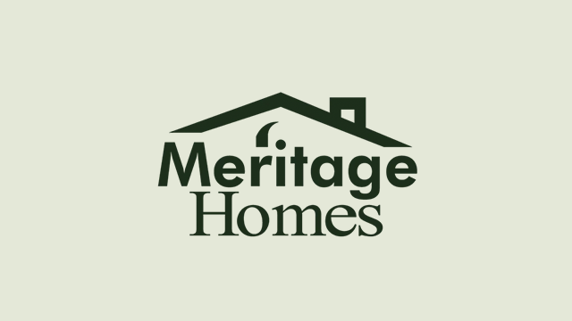 Logo for Meritage Homes featuring the company name in dark green text. The word “Meritage” is topped with a stylized roof and chimney graphic, and the background is a light off-white color.