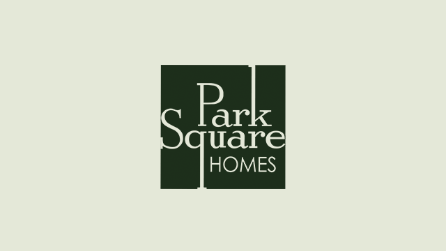 Logo for Park Square Homes, featuring white text on a dark green square background with Park Square in large font and HOMES in smaller font below, all on a light beige background.