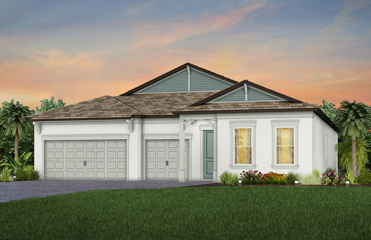 Exterior view of a large one-story home by Pulte Homes.