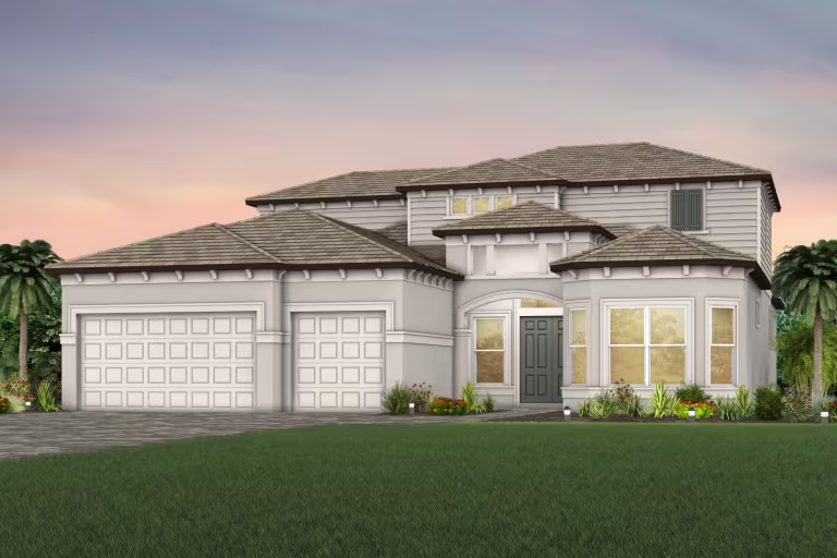 Exterior view of a large two-story home with a three-car garage.