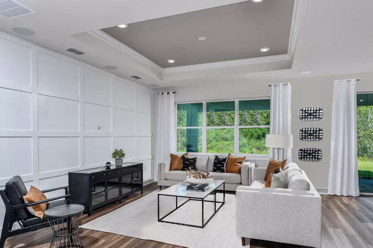 Modern living room with a tray ceiling, white walls, large windows, gray sofas, a white rug, a black coffee table, and decorative pillows; natural light fills the space.
