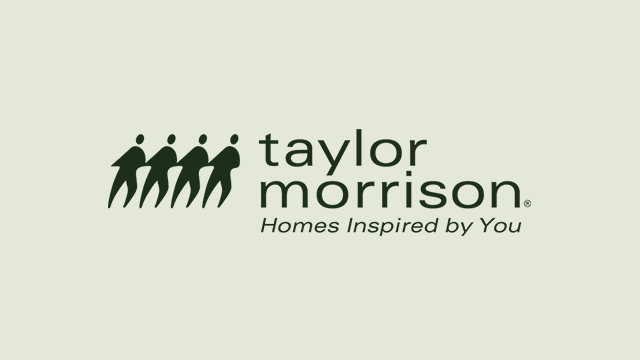 Logo for Taylor Morrison featuring four stylized human figures in a row next to the text taylor morrison with the tagline Homes Inspired by You beneath it, all on a light green background.