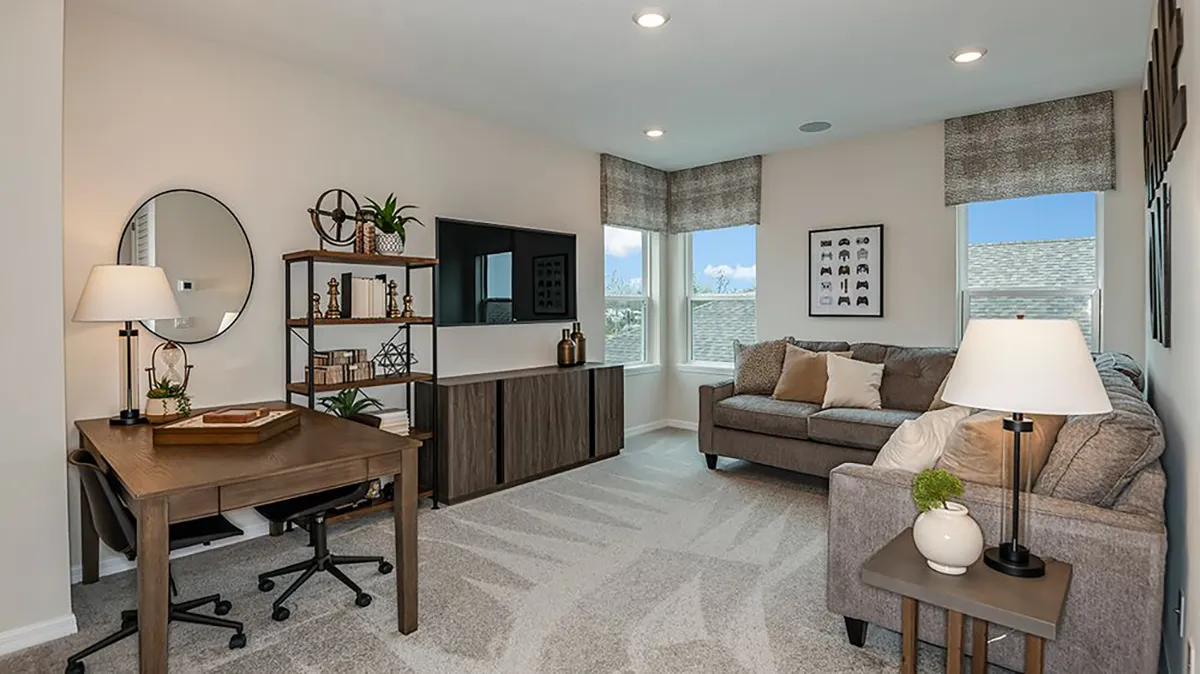 A modern, bright living room with a gray couch, a wooden desk, shelves with decor, a flat-screen TV, lamps, and large windows with patterned shades letting in natural light.