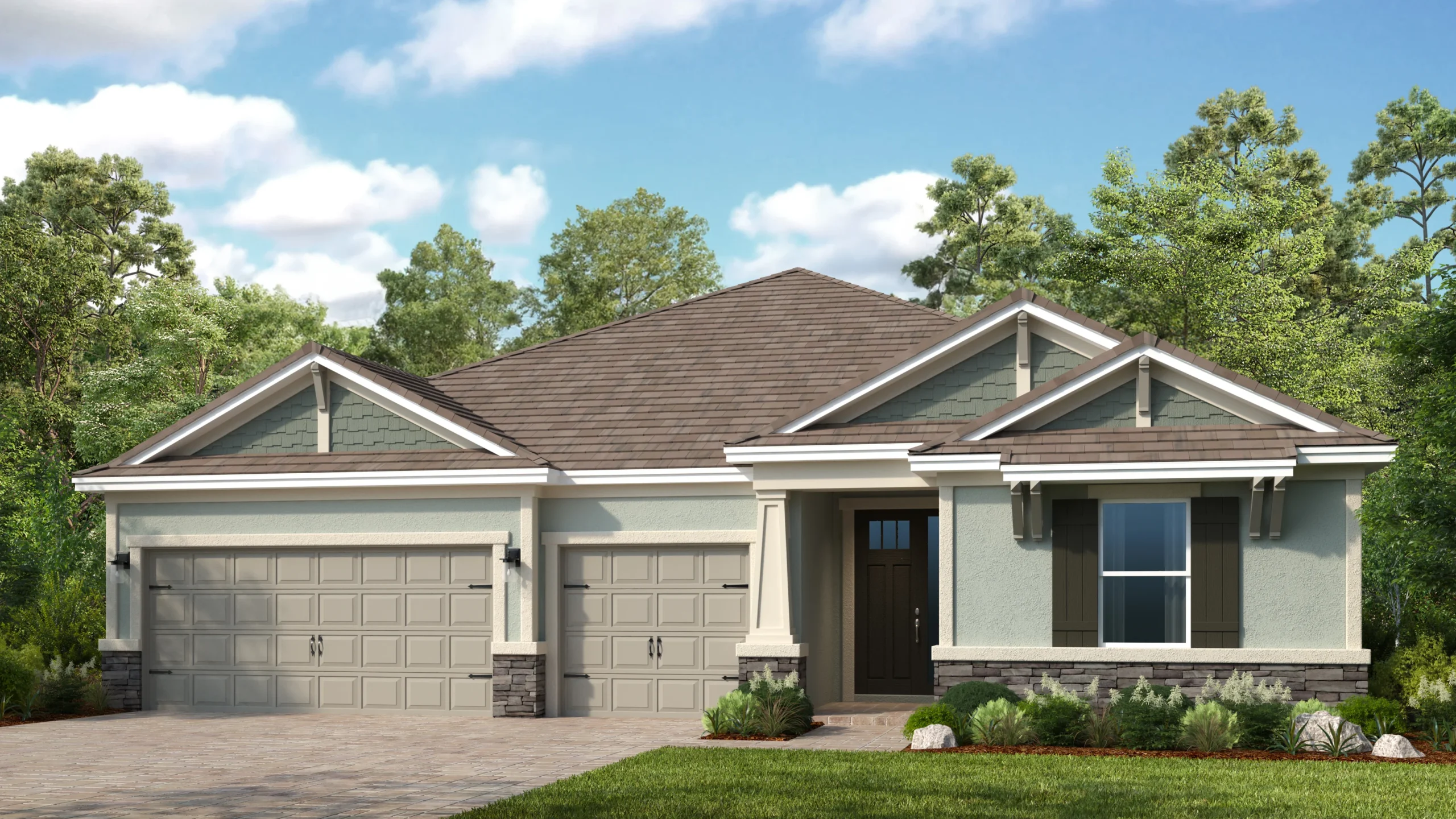 A modern single-story house with a gray tiled roof, three-car garage, light-colored exterior walls, white trim, dark front door, and landscaped front yard, surrounded by trees and blue sky with clouds.