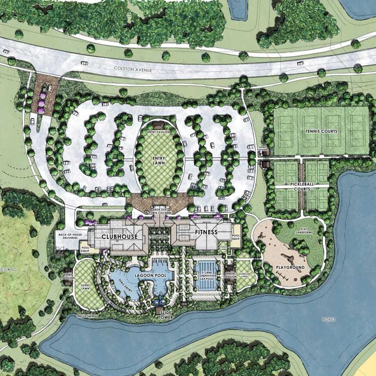 Illustrated site plan showing a clubhouse, fitness center, lagoon pool, playground, tennis and pickleball courts, walking paths, parking lots, and nearby water features, all surrounded by trees and landscaping.