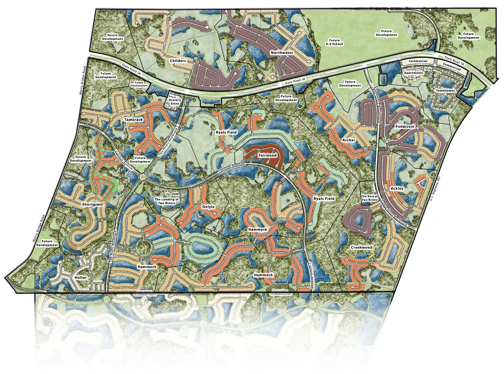 Illustrated map of a large residential community with winding roads, lakes, green spaces, and labeled neighborhoods such as Fairway, Crownbrook, and East Field, plus parks, clubhouses, and recreational areas.