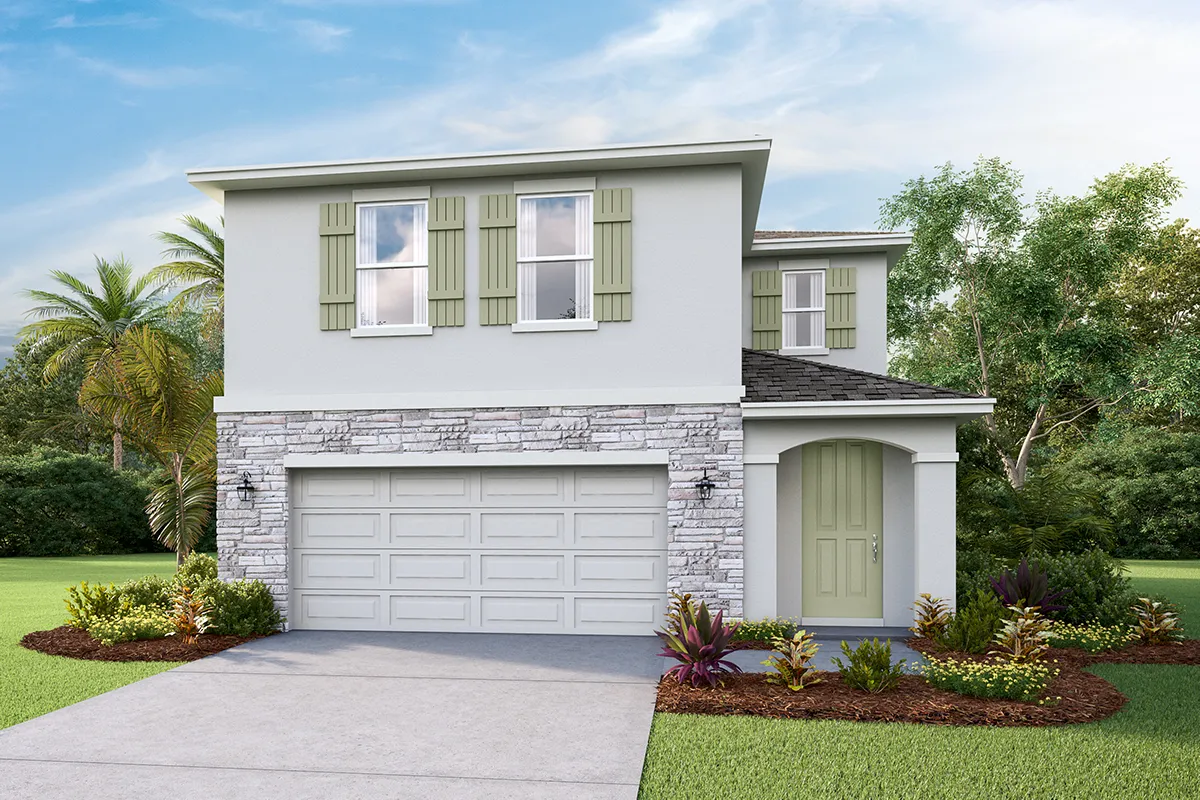 Two-story modern house with a stone facade, double garage, and green shutters. Neatly landscaped front yard with small shrubs and palm trees, set against a backdrop of trees and a blue sky with scattered clouds.