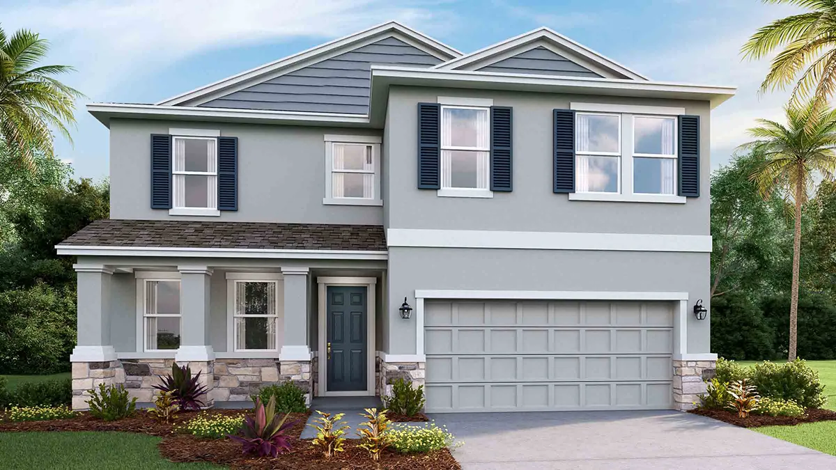 A two-story modern suburban house with light gray siding, dark shutters, a double garage, and a front porch with columns and stone accents. The yard features neatly landscaped plants and palm trees.