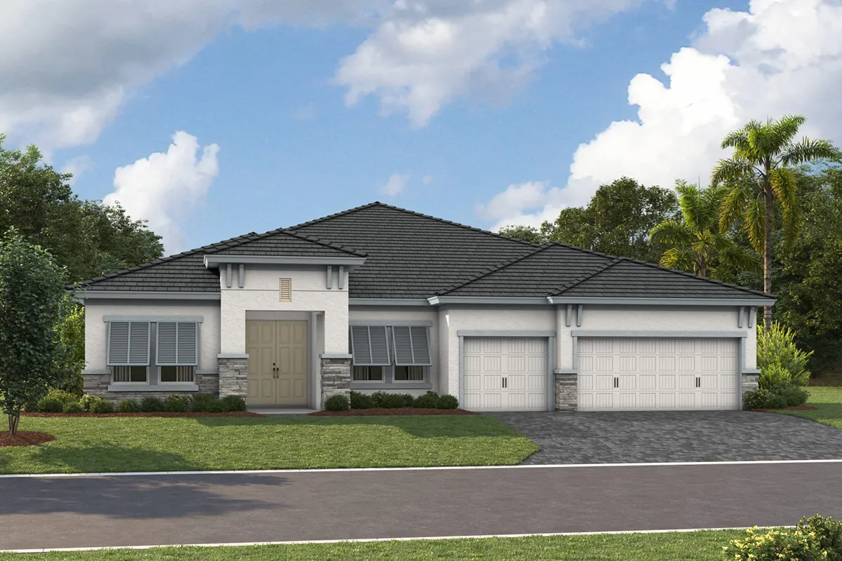 Exterior view of a one-story home by Homes by WestBay.