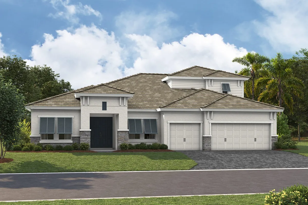 Exterior view of a one-story home by Homes by WestBay.