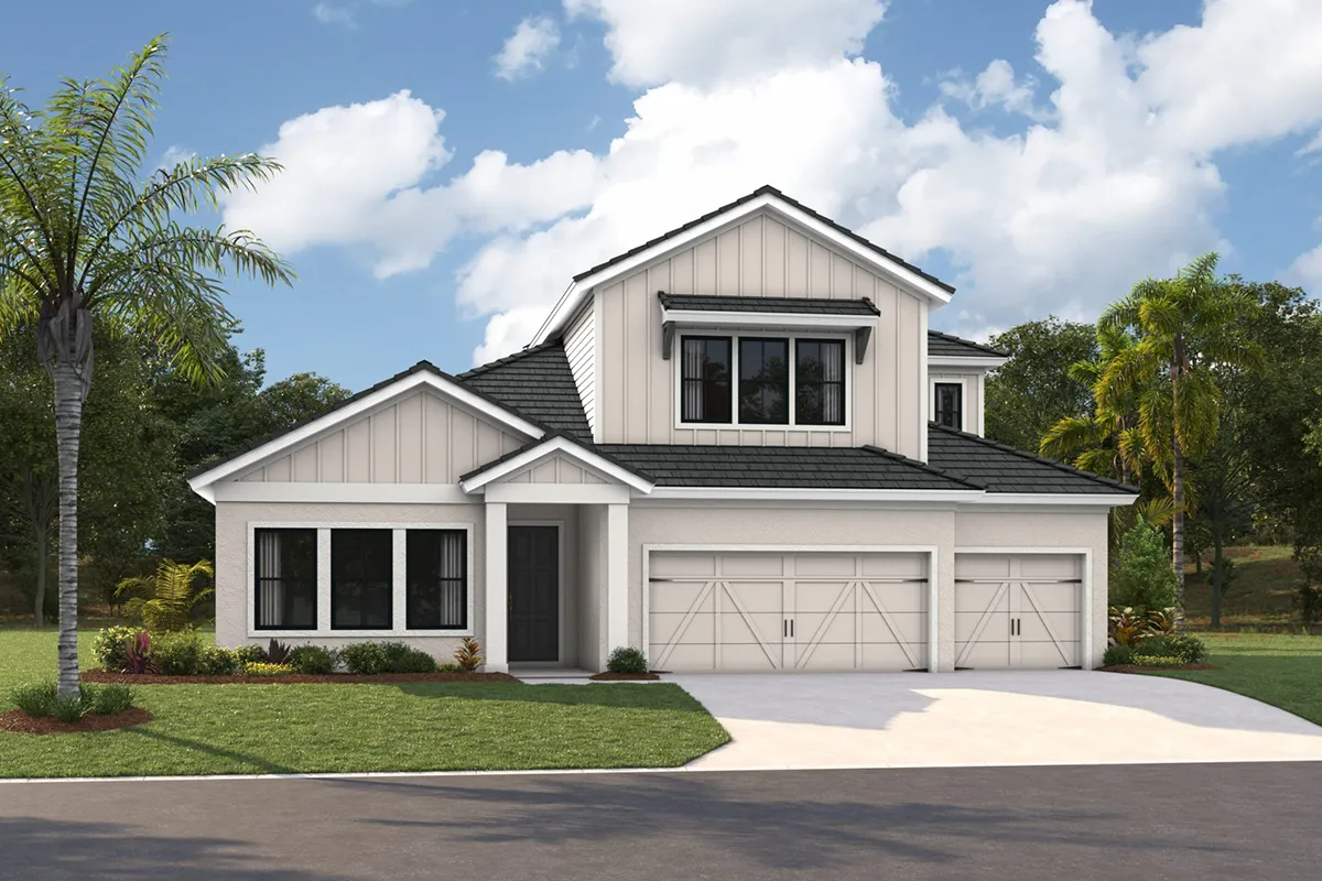 A modern two-story house with white siding, black trim, and a double garage. The front yard has green grass, small shrubs, and a palm tree beside the driveway under a blue sky with scattered clouds.