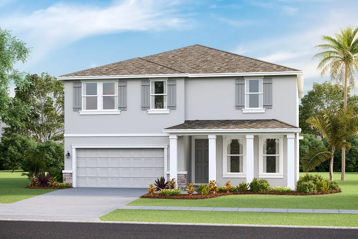 A two-story modern suburban house with light gray siding, a covered front porch, white trim, and a two-car garage, surrounded by a manicured lawn, palm trees, and landscaped shrubs.