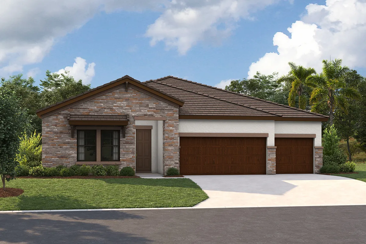 Exterior view of a one-story home by Homes by WestBay.