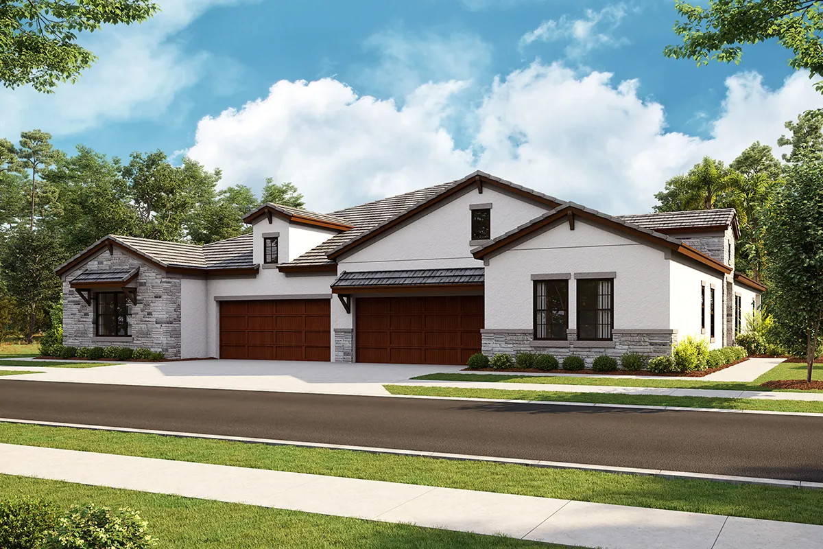 Exterior view of a one-story villa from Homes by WestBay.