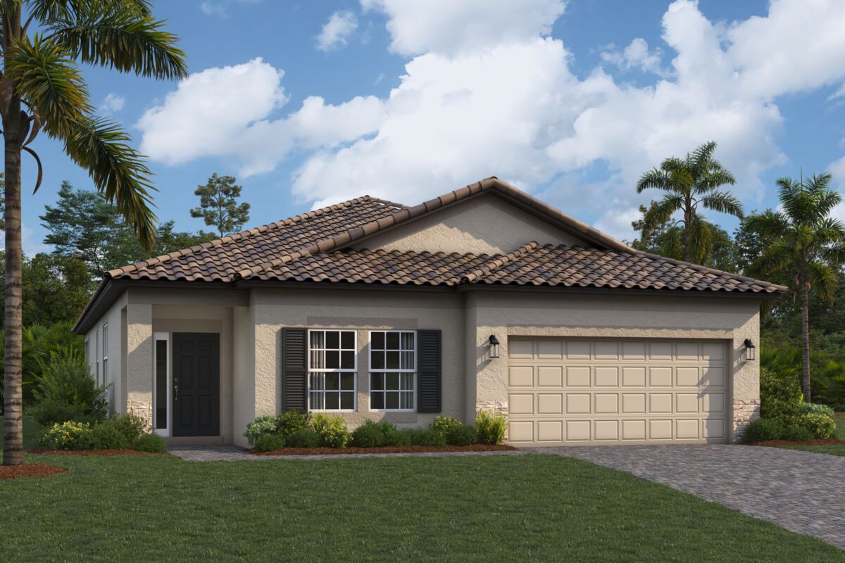 Single-story house with tan stucco exterior, clay tile roof, black shutters, double garage, front lawn, and palm trees under a partly cloudy sky.