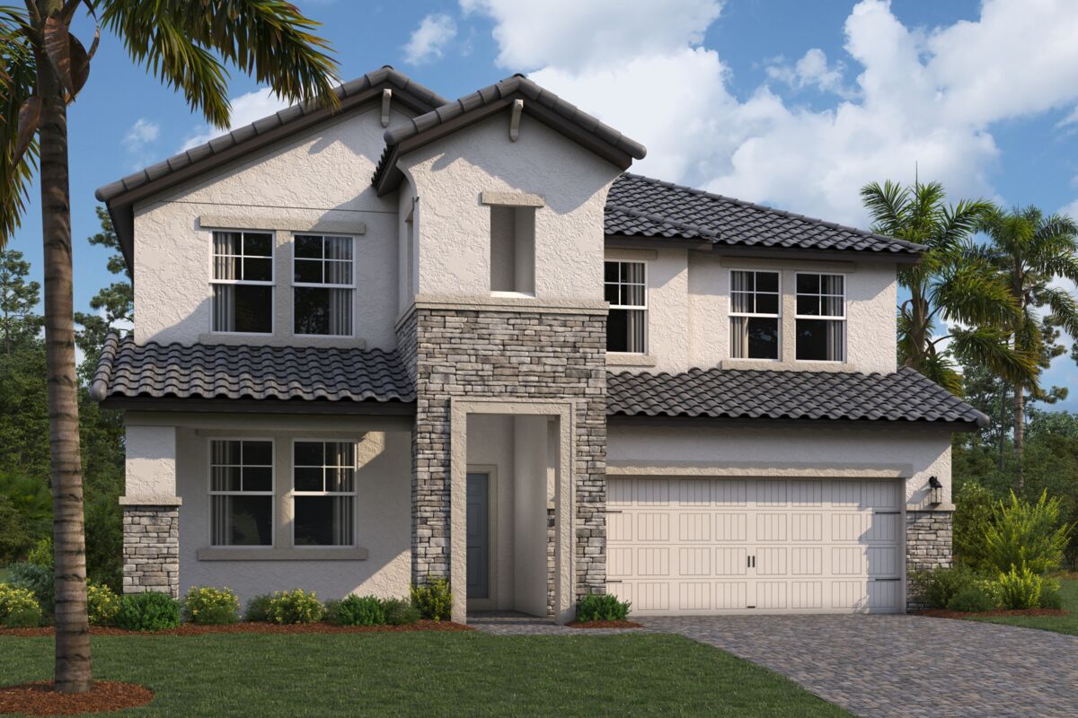 Two-story modern house with light-colored stucco walls, stone accents, dark roof tiles, a double garage, and large front windows. Palm trees and green shrubs surround the home under a blue sky with clouds.