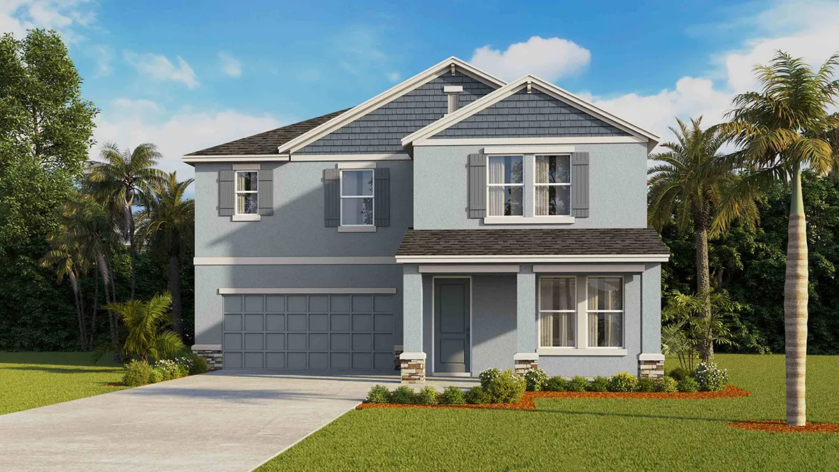 Two-story light blue suburban house with white trim, a gray shingle roof, double garage, large front window, and manicured lawn with palm trees and shrubs under a partly cloudy sky.