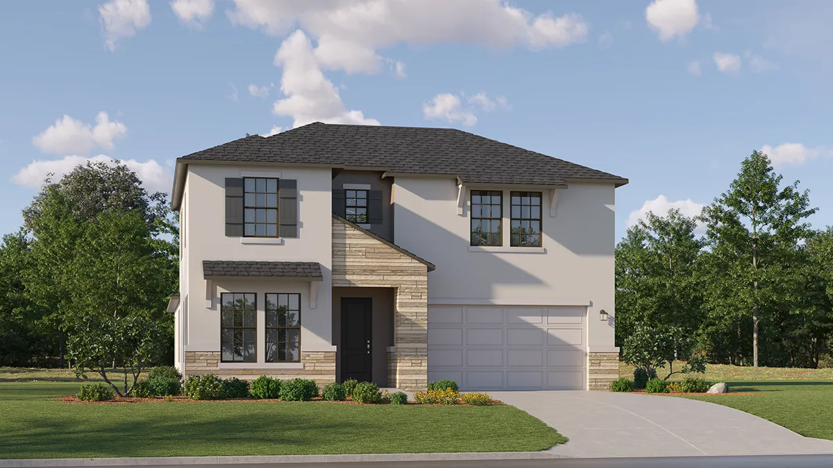 Modern two-story suburban house with light-colored exterior, dark roof, stone accents, two-car garage, front lawn, and landscaped garden beds, set against a backdrop of green trees and a partly cloudy sky.