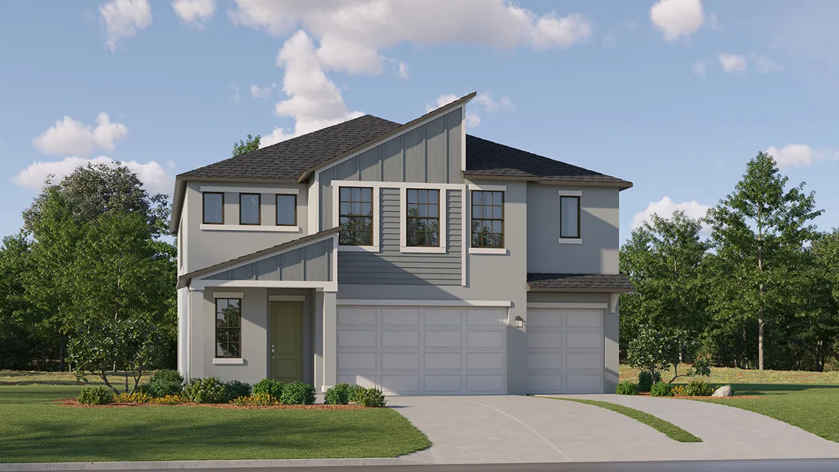 A modern two-story house with gray siding and a slanted roof, featuring large windows, a double garage, and a neatly landscaped front yard with green grass and shrubs. Trees and a blue sky are in the background.