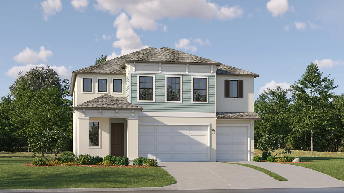 A modern two-story suburban house with a gray roof, light blue and white exterior, three-car garage, and landscaped front yard, set against a backdrop of trees and partially cloudy sky.