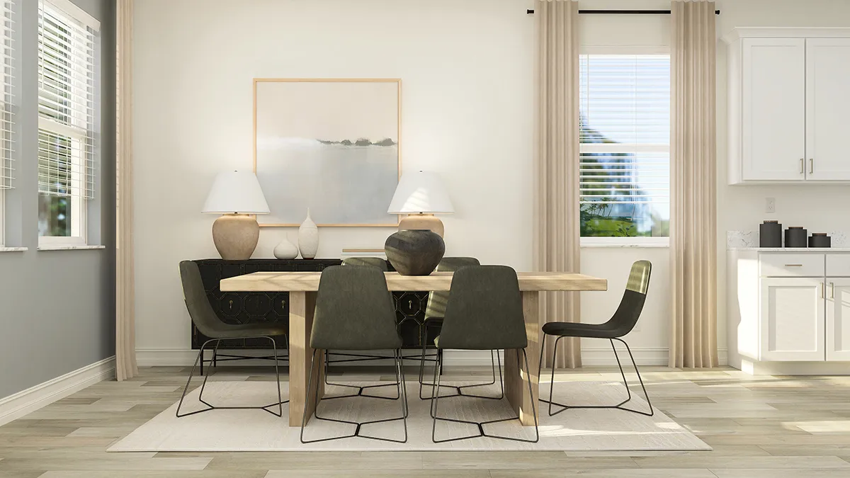 A modern dining room with a wooden table, six dark chairs, a black sideboard, two table lamps, decorative vases, a large abstract wall art, and natural light from windows with beige curtains.