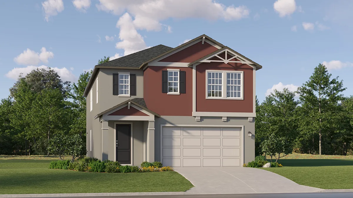 Two-story suburban house with red and gray exterior, white trim, and a double garage, surrounded by grass, small shrubs, and trees under a blue sky with clouds.