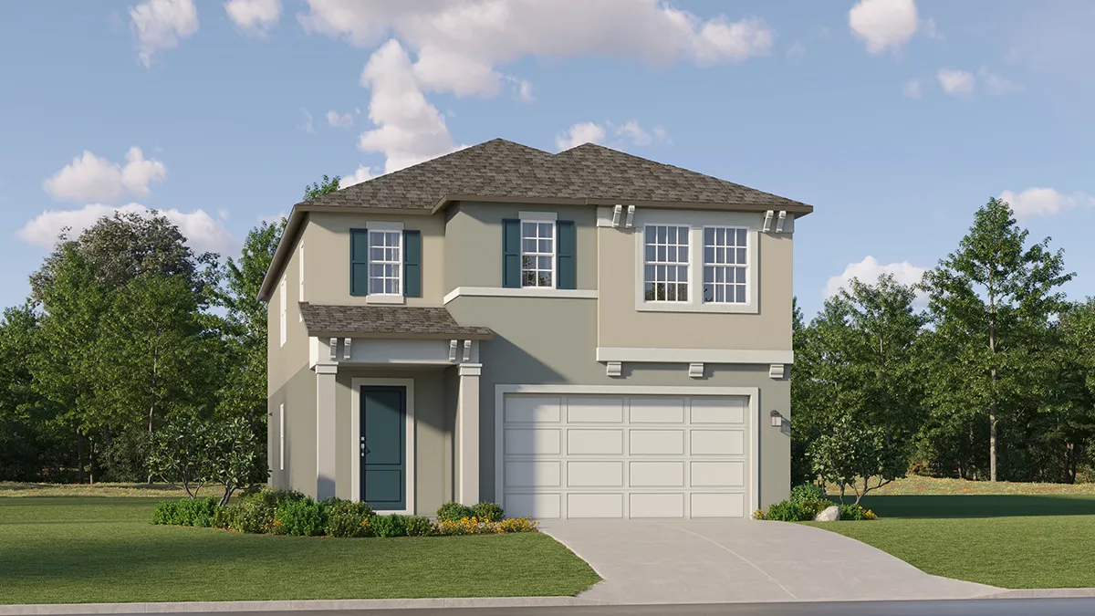 A two-story modern suburban house with a gray roof, light-colored exterior, attached two-car garage, and a small front porch, surrounded by grass and trees under a partly cloudy sky.